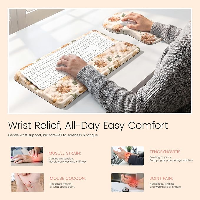 Ospelelf Keyboard Wrist Rest and Mouse Pad Set, Ergonomic Memory Foam Wrist Support, Aesthetic Desk Accessories for Office, Home & Gaming, Relief for Carpal Tunnel & Wrist Pain, Daisy - Image 2