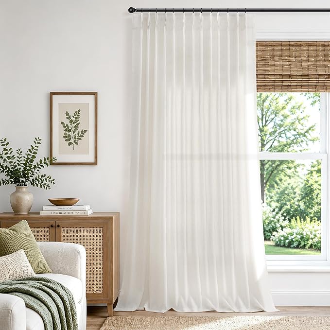Extra Wide 70 Inch Natural Pleated Linen Curtains 102 Inch Long 1 Panel | Hokibero Ivory Light Filtering Sheer Curtain,Pinch Pleat Back Tab Hooks Rings,Boho Textured Privacy Drapes for Bedroom Window by Hokibero