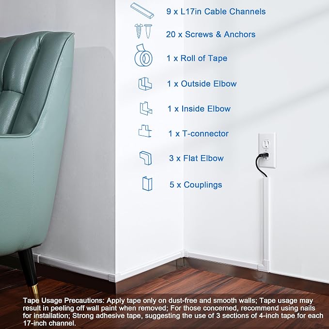 153in Wall Cable Hider, Cord Hider to Hide 3-4 Cords, TV Wire Hider for Wall, Cable Management Kit, Cable Raceway White, Paintable Cable Concealer, 9 x L17in x W1.18in x H0.6in - Image 5