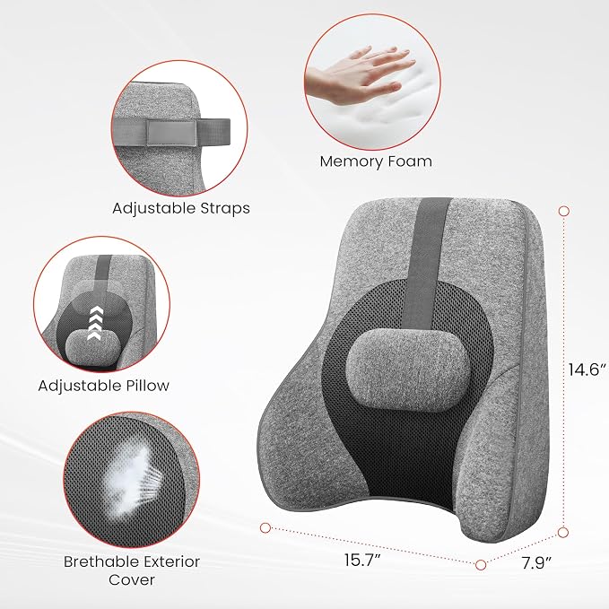 COMFIER Back Lumbar Support Pillow for Office, Heated Back Support with 4 Shiatsu Massage Heads & Heating Function, Memory Foam Lumbar Pillow for Computer Gaming Chair-Gray - Image 8