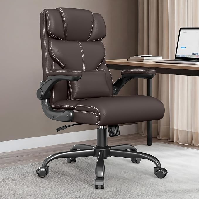 Office Chair, Executive Mid-Back Computer Desk Chair with Flip-up Armrests | 300 Lbs Ergonomic Leather Swivel PC Chair with Rock Function for Working Studying (Coffee) by BoxDesignLab