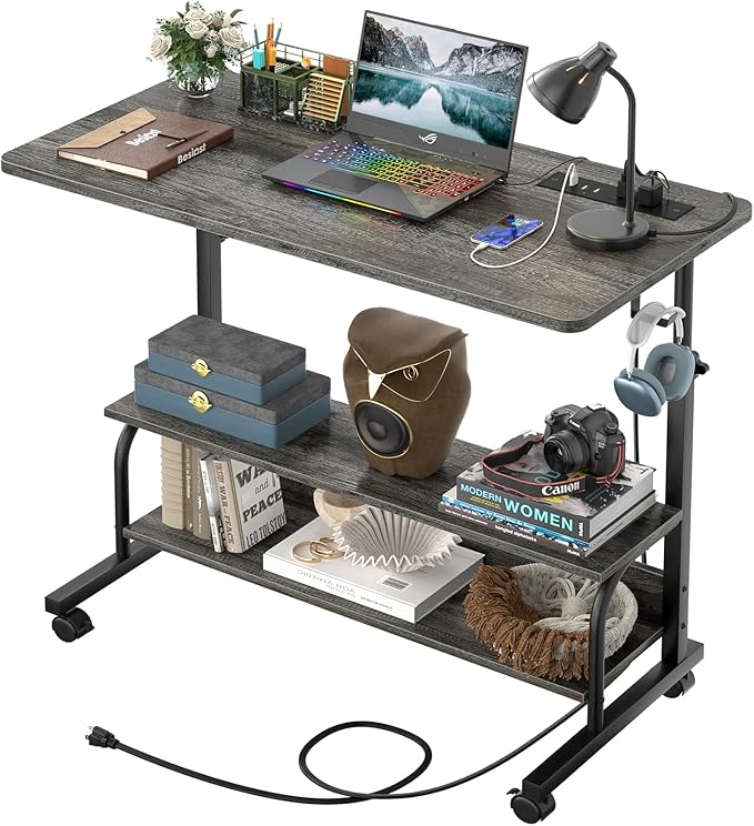 32" Height Adjustable Standing Desk with Power Outlets - Manual Rolling Stand Up Desk with Wheels Small Portable Computer Desk Mobile Laptop Table with Storage Shelves for Home Office, Grey Oak by Besiost