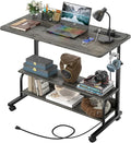 32" Height Adjustable Standing Desk with Power Outlets - Manual Rolling Stand Up Desk with Wheels Small Portable Computer Desk Mobile Laptop Table with Storage Shelves for Home Office, Grey Oak by Besiost