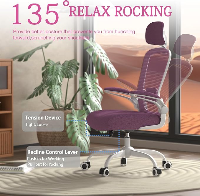 Mimoglad Office Chair, High Back Ergonomic Desk Chair with Adjustable Lumbar Support and Headrest, Swivel Task Chair with flip-up Armrests for Guitar Playing, 5 Years Warranty - Image 6