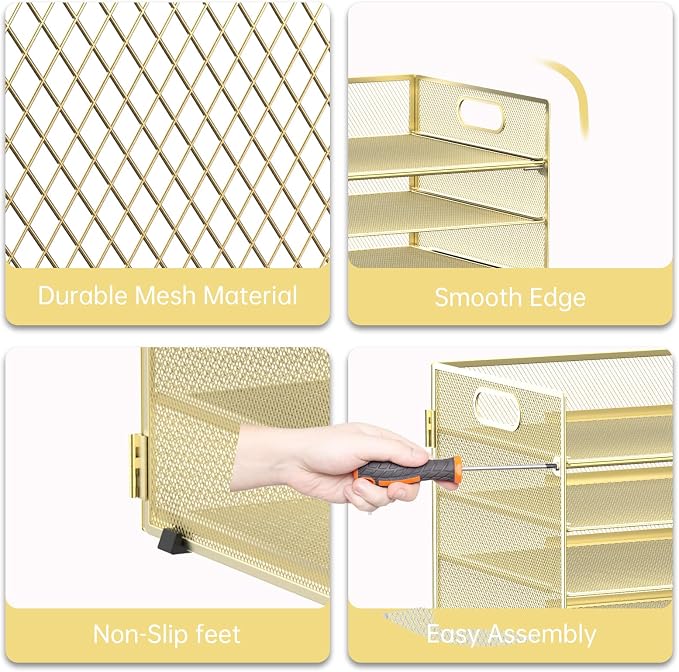 7 Tier Paper Organizer for Desk with Mesh Letter Trays and Handle Gold | Desk File Organizer with Handle for Sorting Papers, Files, Folders, Mail, Bills and Office Supplies - Image 4