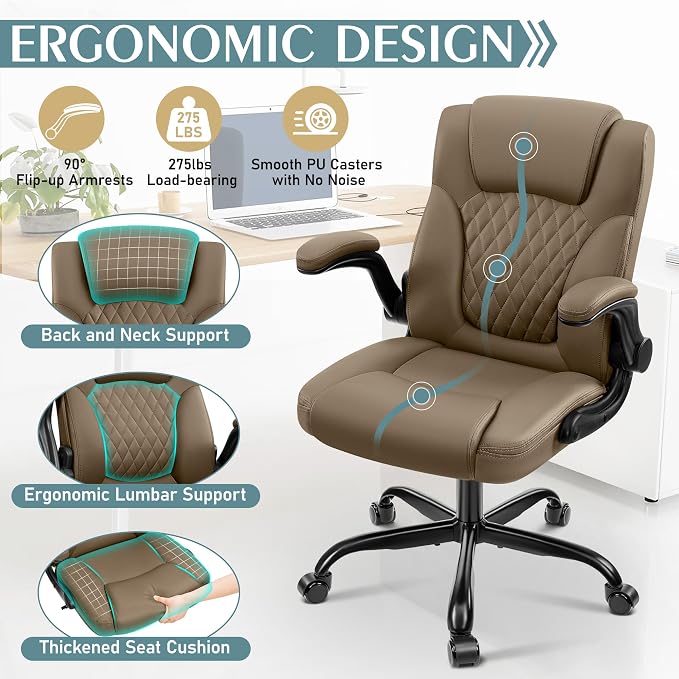 Leather Office Chair, PU Home Computer Desk Chairs with Ergonomic Back Support, 360°Swivel Free，Small Gaming Chair with Wheels and Adjustable Armrests, for Short People Use - Image 6