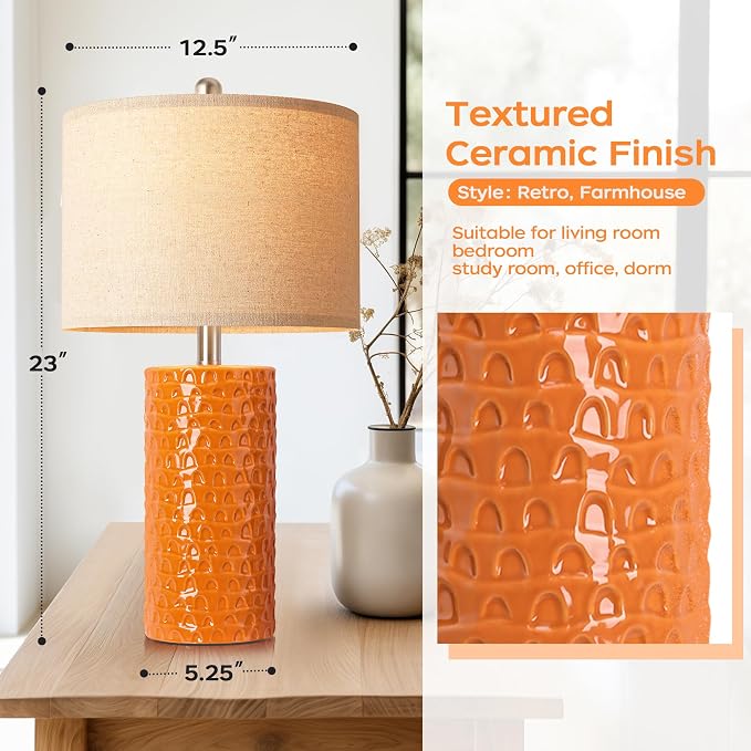 23" Modern Ceramic Table Lamp Set of 2, Table Lamps for Living Room, Rustic Farmhouse Bedside Lamps Nightstand lamp for Bedroom, Desk Lamp for End Table Home Decor Orange - Image 3
