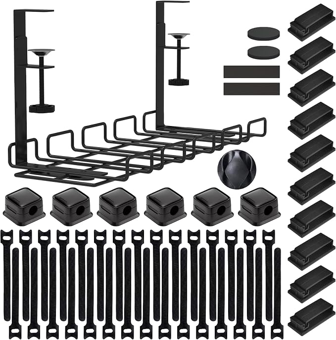 Under Desk Cable Management Tray with 52Pcs Different Essential Accessories | No Drill Steel Cord Organizer Kit for Home Office Standing Desk (15.7/13.4inch, Black) by ENGYNC