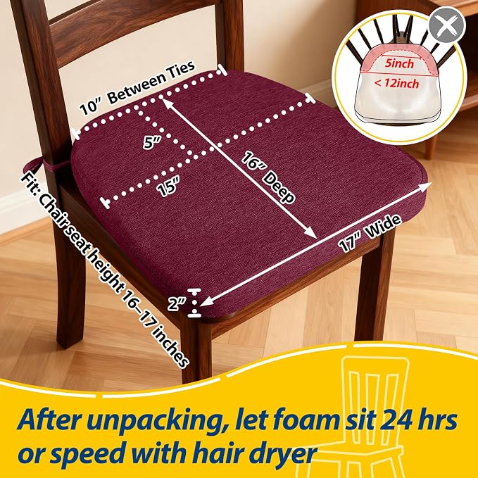 AAAAAcessories D-Shaped Chair Cushions, 2" Thick Dining Chair Pads with Ties and Removable, Machine-Washable Cover, 17" x 16", Set of 8, Wine Red - Image 2
