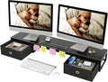 Mexin 39" Dual Monitor Stand Riser with 2 Storage Drawers, Carbon Fiber Computer Desk Organizer for 2 Monitors, Heavy Duty 100 Lbs Desktop Stand with Phone Tablet Holder for Home Office, Black by Mexin