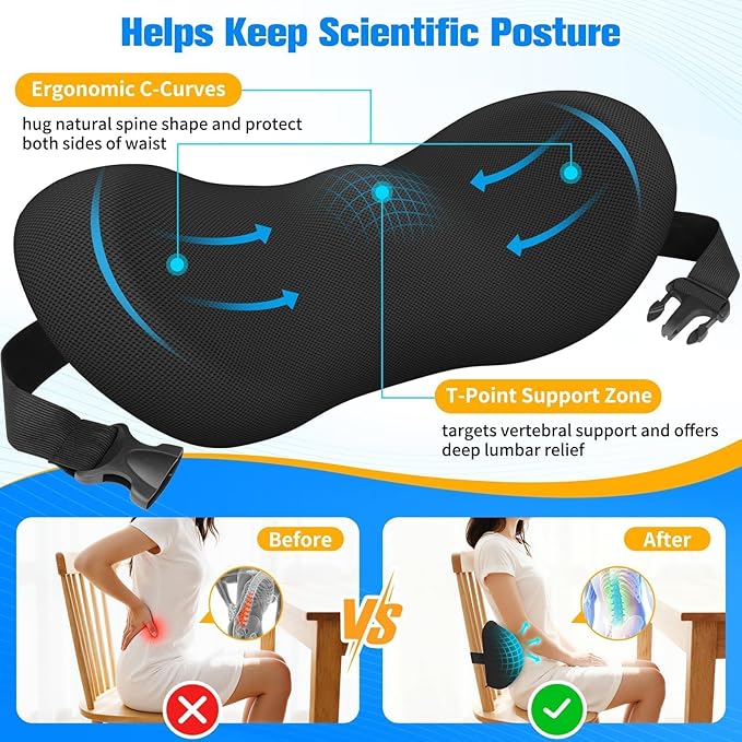 SweetSlubr Lumbar Support Pillow for Office Chair, Back Support, Black | Memory Foam with Breathable Cover. Adjustable Strap Fits Office, Gaming & Car Chairs for Everyday Comfort. - Image 5
