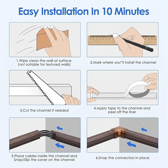 Yecaye TV Cord Hider, 125in Cord Cover, W1.18in H0.6in, Darkwood | Large Cable Hider, Wire Covers for 4 Cords, Cable Raceway Wire Hiders for TV on Wall, Cable Cover Cord Concealer - Image 8