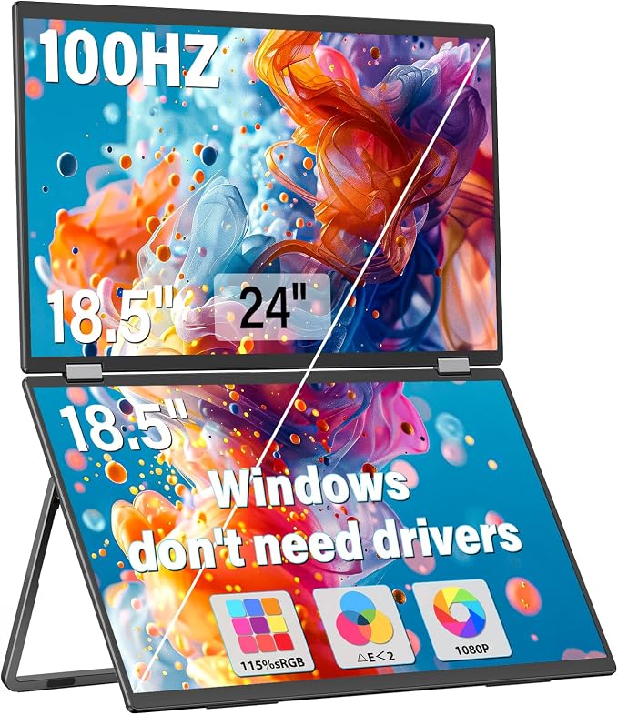 InnoView 18.5" 100Hz Dual Portable Monitor Built-in Speakers 115% sRGB 315°Adjustable Dual Stacked Folding Monitor (Wins/Mac) 1080P Laptop Screen Extender for Laptop(No Driver Needed) by InnoView