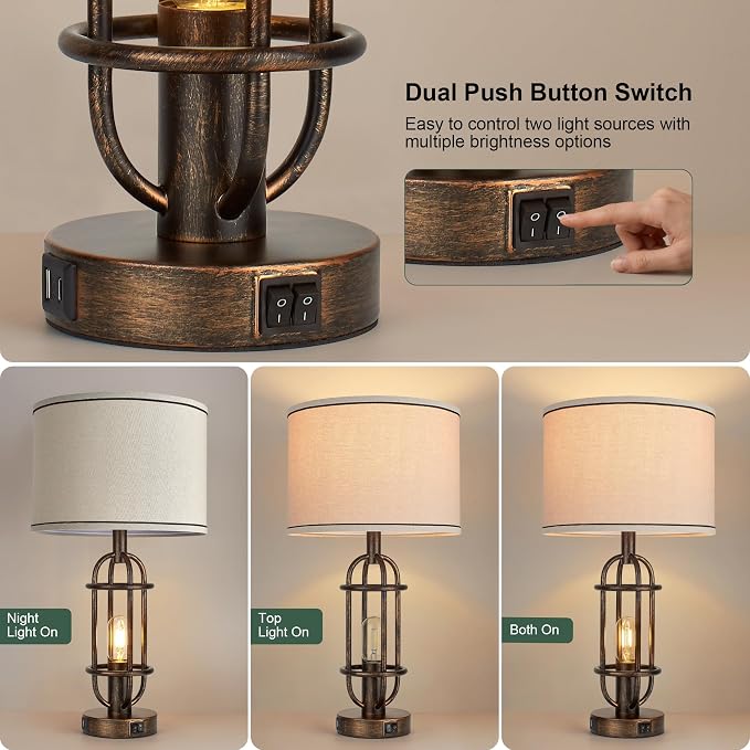 Reaketon Table Lamps for Living Room Set of 2, 22.3" Farmhouse Lamps for Nightstand, Industrial Table Lamps for Bedroom with USB Ports, Retro Bronze - Image 2