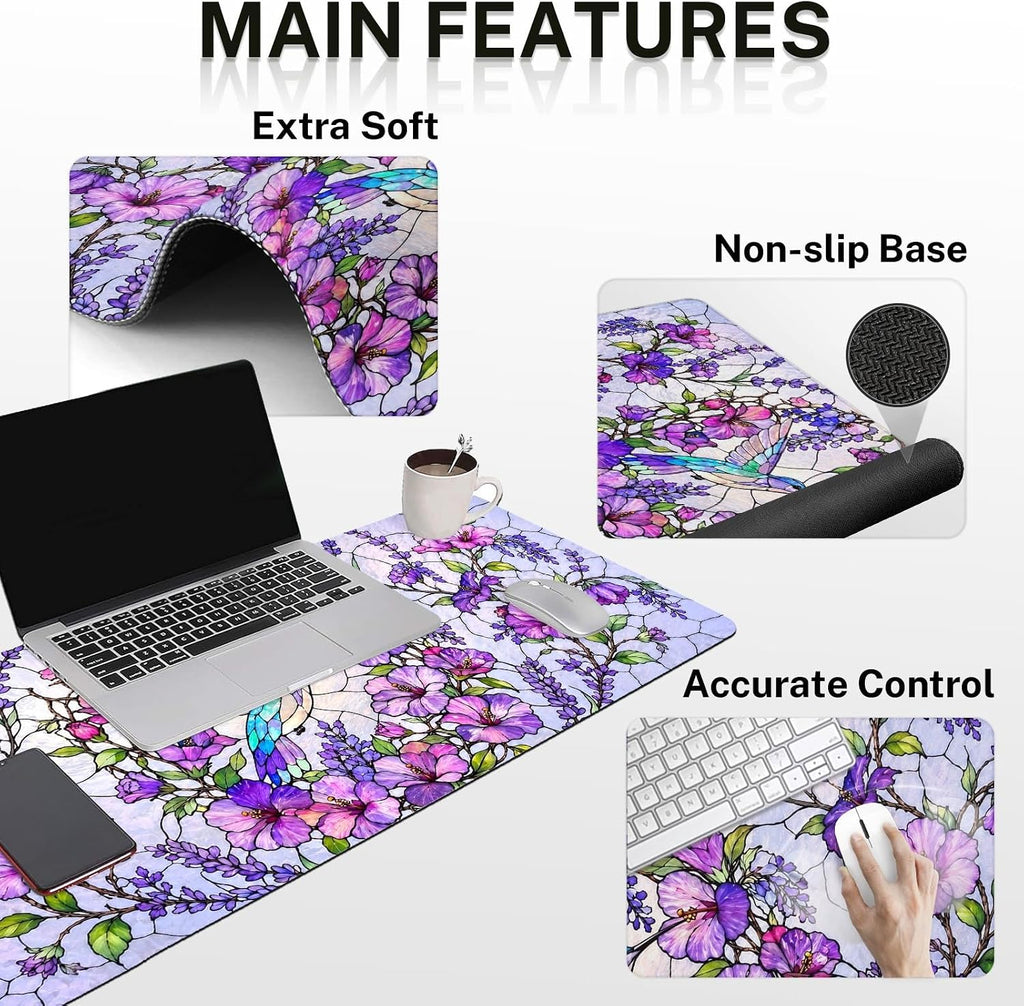 Keyboard Mouse Pad Set, 4 in 1 Desk Mat Set, Floral Hummingbird - Image 3