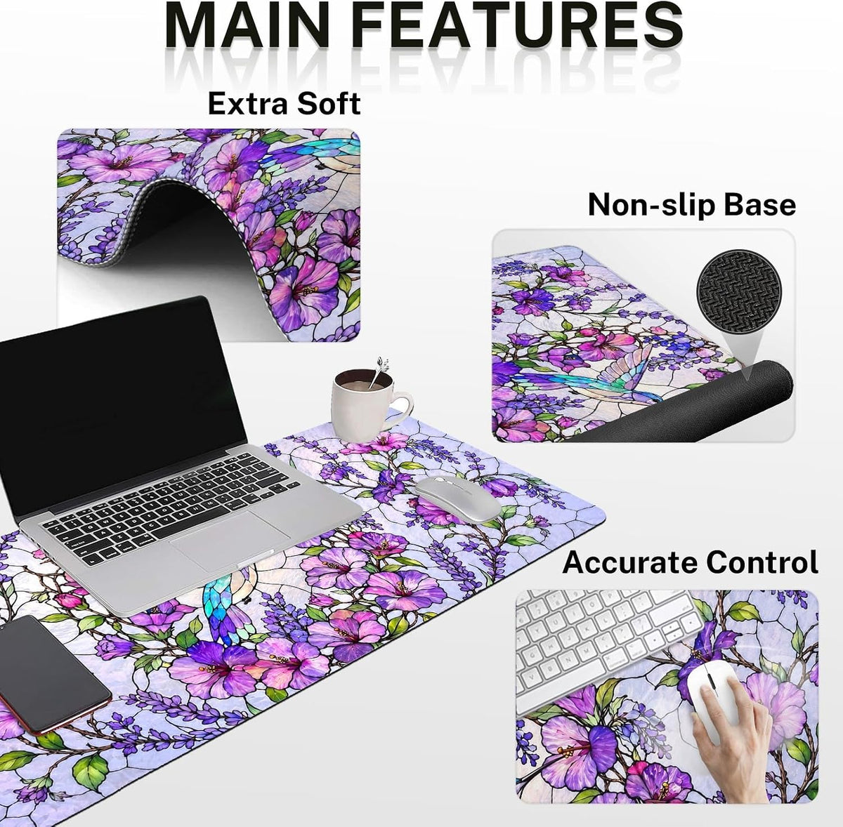 Keyboard Mouse Pad Set, 4 in 1 Desk Mat Set, Floral Hummingbird - Image 3