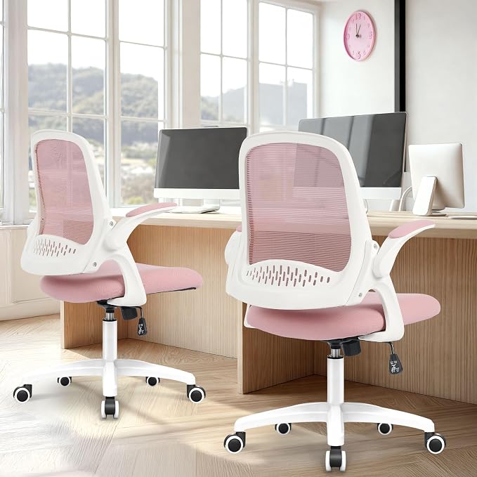 NEO CHAIR Office Desk Chair, Ergonomic Mesh with Flip-Up Armrests, Pink | Lumbar Support, Height Adjustment, 360° Swivel and Rolling Base, Space-Saving Design for Home Office, Vanity or Study - Image 9