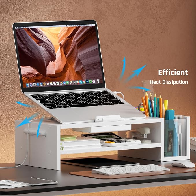 AFOOYO Adjustable Wood Laptop Stand, Ergonomic Height & Angle Computer Riser with Pen Holder – Compatible with MacBook Air/Pro, Dell, HP, Lenovo & 10-17.3" Notebooks – White - Image 3