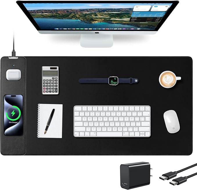 Wireless Charging Mouse Pad, Gaming Desk Mat with 20W Adapter, 31.5"x15.7" | Large XXL Desk Pad, Non-Slip Rubber Base, Ultra-Smooth Surface, Waterproof Computer Keyboard Pad for Home Office, Black by ExtreLife