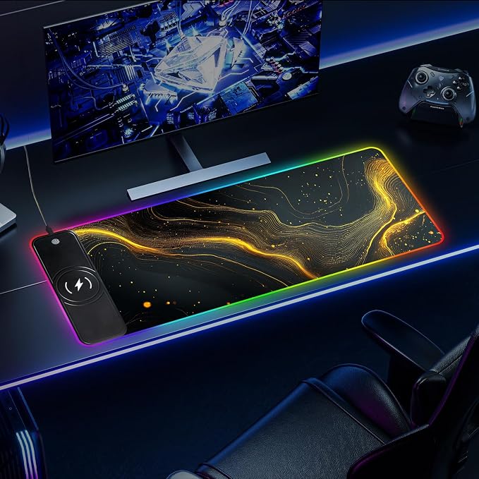 Wireless Charging RGB Gaming Mouse Pad, 31.5 x 11.8 Inch Extended Mouse Mat with Black & Gold Abstract Wave Design, LED Desk Pad with 7 Lighting Modes, Non-Slip Base for Gaming & Office - Image 8