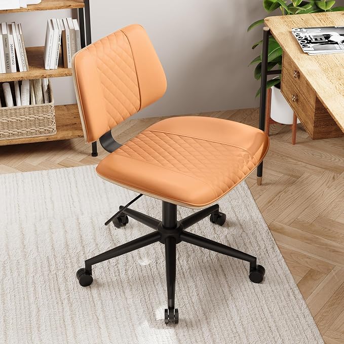 Modern Armless Office Chair with Wheels, Wide Seat Walnut, Brown | Adjustable Swivel Desk Chair with Mid Back & Tilt Function, Faux PU Leather Mid Century Modern Task Office Chair, 300LBS Cap by BERYTH