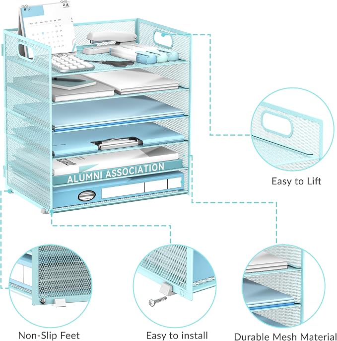 Daltack 6-Tier Paper Organizer for Desk with Handle, Blue, 2 Pack | Sturdy Metal Mesh Organizer with Movable Middle Trays and a Carry Handle for Papers, Folders and Office Supplies - Image 4