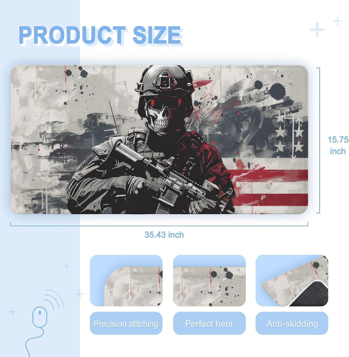 XXL Military Skull American Flag Mouse Pad Rubber Desk Mat 35.4×15.7 in - Image 3