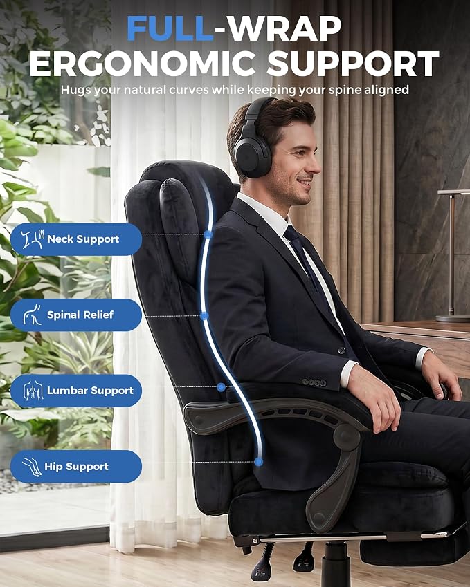 GTPLAYER Big and Tall Office Chair with Pocket Spring Cushion & Ergonomic Lumbar Support for Lower Back Pain Relief, High Back Computer Gaming Chair with Foot Rest, Soft Velvet Fabric, Black - Image 5