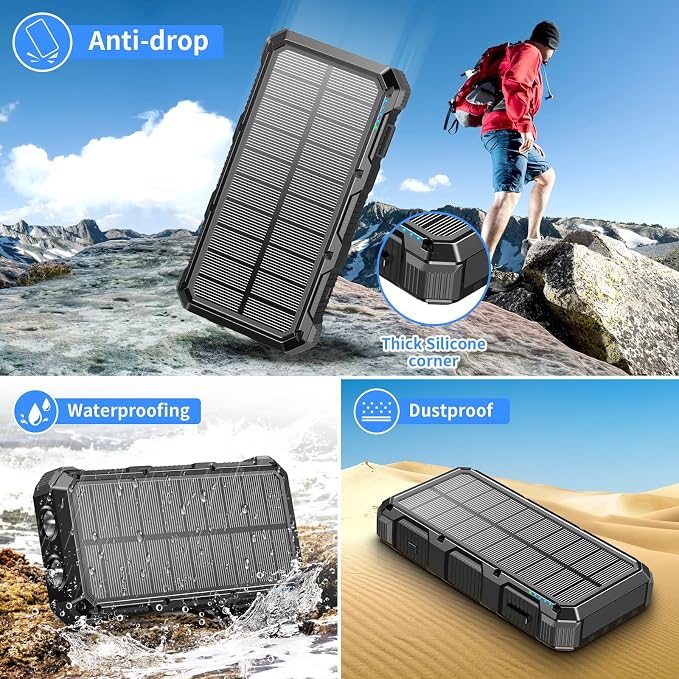 Solar Charger Power Bank 20000mAh Wireless Charger QC 3.0 Fast Charging Power Bank 8 Outputs 4 Inputs Solar Portable Charger Compatible with All Mobile Devices,SOS/Strobe/Strong Flashlights (black) - Image 4