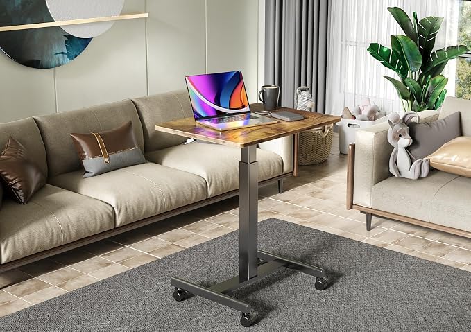 Claiks Mobile Rolling Desk Small Portable Laptop Cart on Wheels, 28" Brown | Rolling Adjustable Desk, Lockable Wheels, Gas Spring Lift, Side Hook, Easy Assembly - Image 7