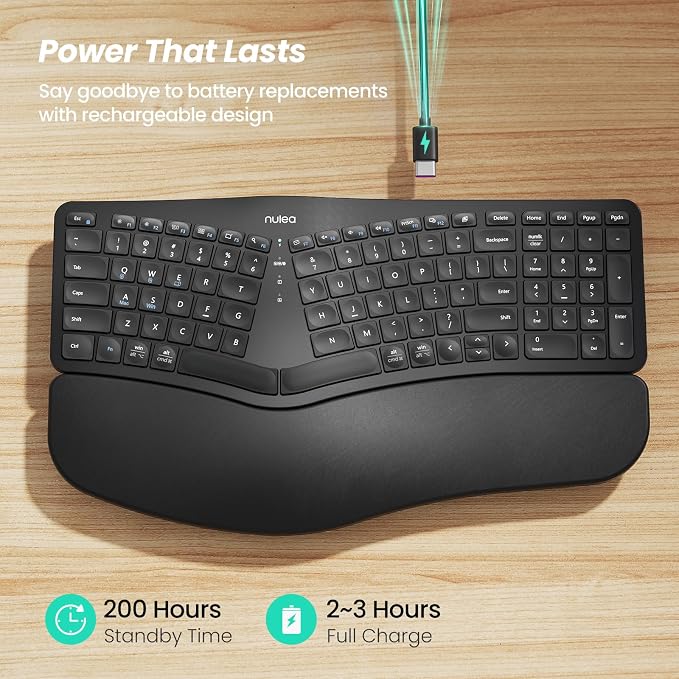 Nulea Wireless Ergonomic Keyboard, Split Keyboard with Cushioned Wrist Rest, Bluetooth and USB Connectivity, USB-C Rechargeable, Compatible with Windows Mac(Black) - Image 3