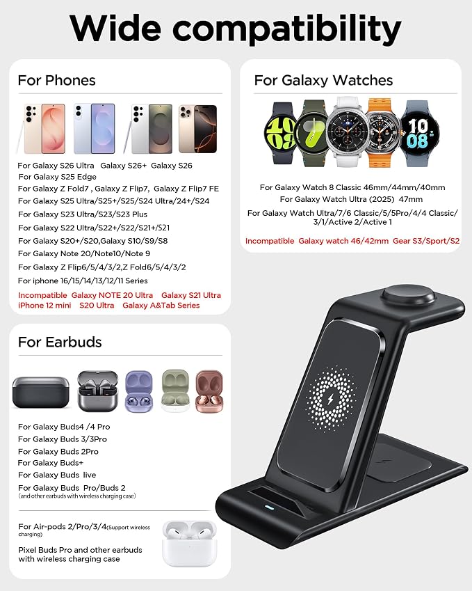 Wireless Charging Station for Samsung Galaxy Watch 8/7/6/5/4/3,S26 Ultra | Wireless Charger Samsung Phone Stand for Galaxy S25/S24/S23/S22/Note,Watch Ultra,Buds4/4 Pro/3/2 Pro/Live Multiple Devices - Image 2