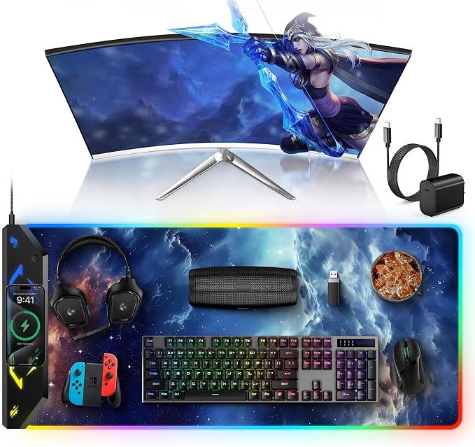 TopMade Wireless Charging Mouse Pad, RGB Gaming Mousepad, 35.4" x 15.8" Extra Large Waterproof Keyboard Desk Pad, Computer Desk Mat, Blue Nebula (Includes 20W PD Power Adapter & 6.56ft Woven Cable) by TopmadeProduct-Ordernow