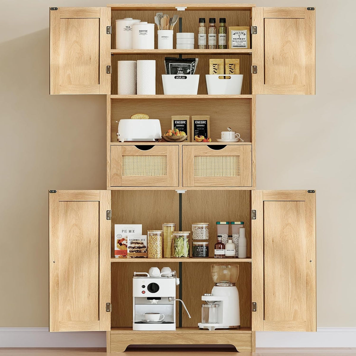 57.8" H Tall Storage Cabinet with 2 Drawers & 2 Adjustable Shelves, Rattan Cabinets with 4 Doors, Cupboard, Kitchen Cabinets, Pantry Cabinet, Tall Cabinet for Living Room, Entryway, Natural - Image 8