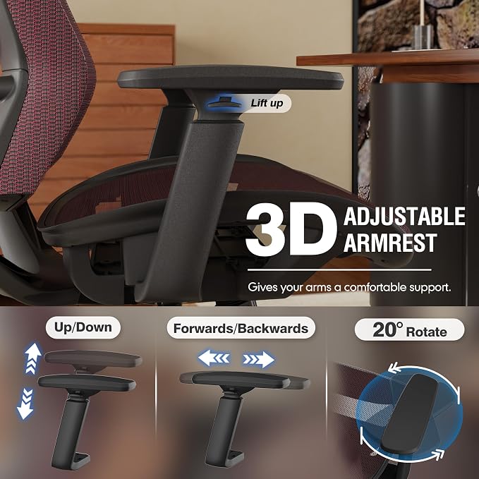 Mesh Office Chair,Ergonomic Computer Desk Chair,Sturdy Task Chair- Adjustable Lumbar Support & Armrests,Tilt Function,Comfort Wide Seat,Swivel Home Office Chair (Red) - Image 5
