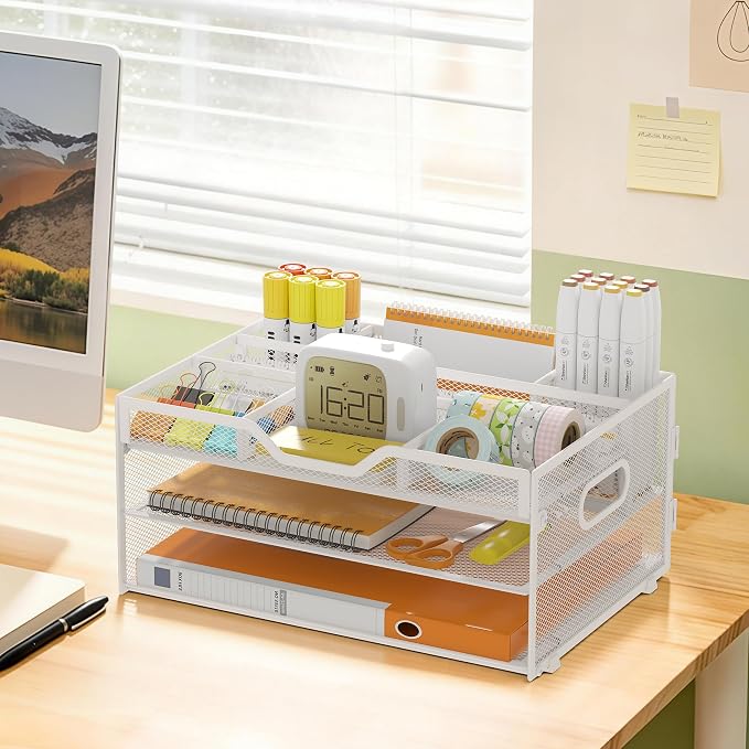 3 Tier Metal Desk Organizer with Magazine File Holder, White | Space saving workspace desk file trays. Includes pencil holder and portable handles. Ideal for school and office supplies - Image 6