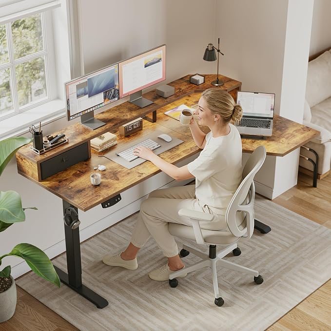 Agilestic 63*35 Inch L Shaped Standing Desk with Shelf & Led& Outlet, Brown | Outlets&Led, Monitor Shelf, L-shape Workspace, Sturdy Steel Frame, Memory Preset, Hooks, 154 lbs, Easy Assembly, Splice Board - Image 2
