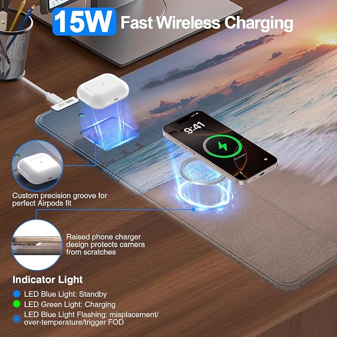 Mouse Pad with Magnetic Wireless Charging, 31.5"x15.8" in, Beach Sunset | Gaming Desk Mat for Keyboard/Laptop, Waterproof Easy Gliding Surface, Non-Slip Base, Durable Stitched Edge - Image 2
