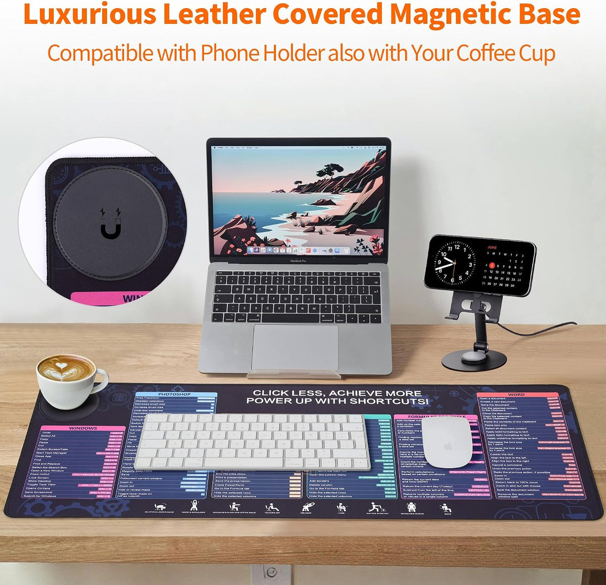 Office Pro Shortcuts Mouse Pad with Magnetic Wireless Charger & Holder Large Desk Mat with Keyboard Shortcuts with 15W Fast Qi Wireless Charging Compatible with iPhone Samsung Smartphones - Image 3