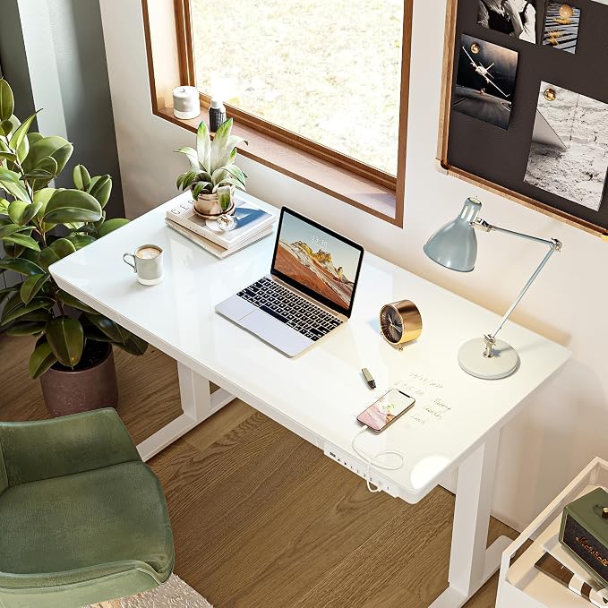 BANTI Electric Standing Desk with Drawers, 55 inch Whole-Piece Glass Desktop, Height Adjustable Stand up Sit Stand Home Office Ergonomic Workstation, White Tabletop - Image 7