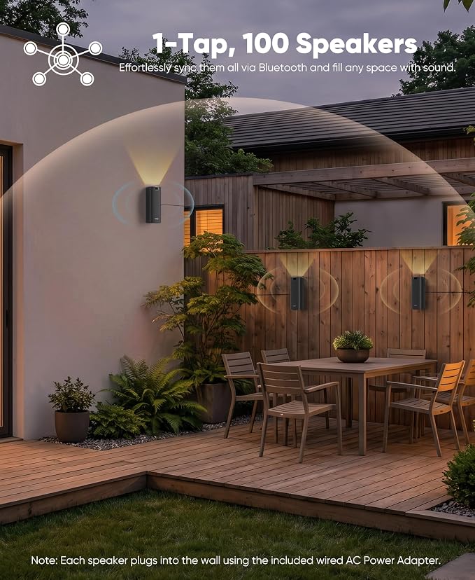 Inwa 400W Outdoor Bluetooth Speakers with Lights, IP65 Waterproof, AC-Powered Stereo Speaker, Auracast Wireless Multi-Speaker Pairing, Wall Mount Sound System w/Aux for Porch, Patio, Garage, Home - Image 4