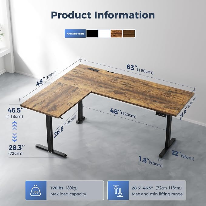 Klicelor L Shaped Standing Desk 63 x 48 Inch,Electric Height Adjustable Corner Desk with Cable Management & Power Outlets, Ergonomic Sit Stand Up Computer Table for Home Office,Rustic Brown - Image 3