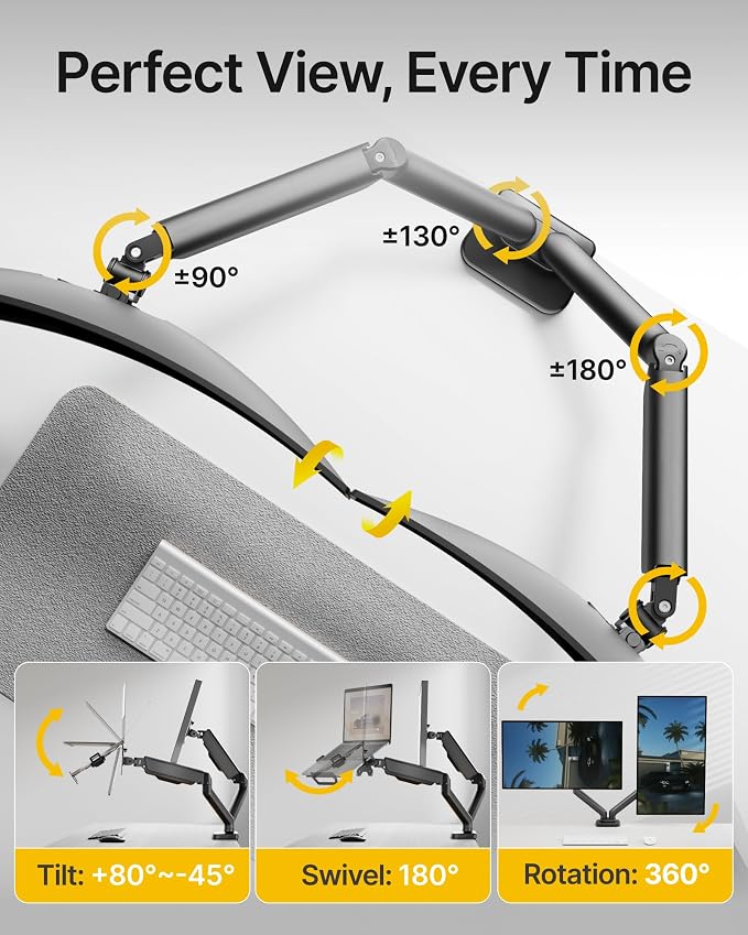 monTEK Dual Arm 2-in-1 Desk Mount, Laptop & Monitor, Fits 12–18" Laptops | Dual Arm Desk Mount with Ventilated Laptop Tray, Works for Laptop + Monitor,Full Motion Arm with Clamp/Grommet, 75/100 VESA - Image 5