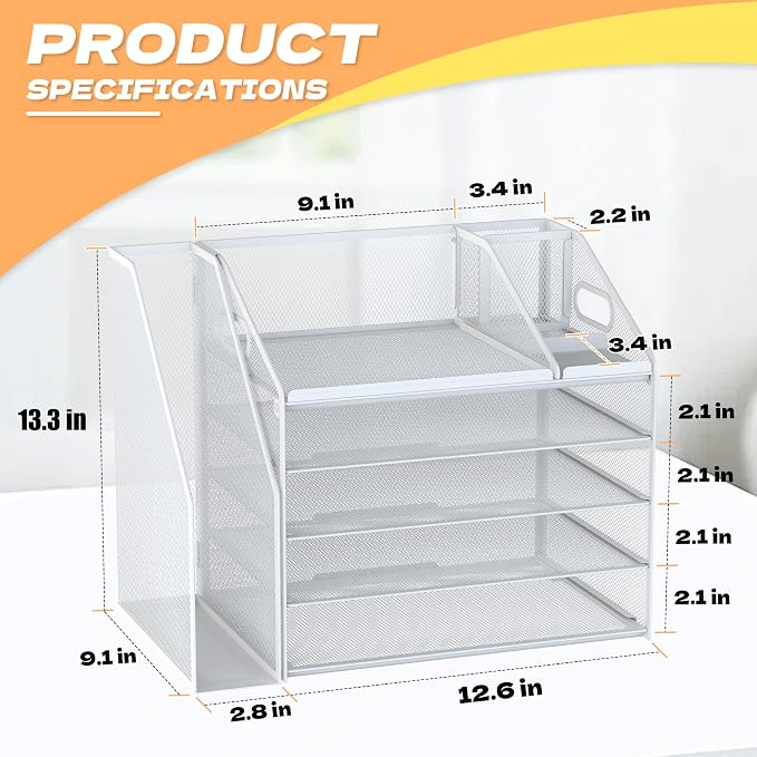 DocNest 5 Tier Metal Mesh Desk File Organizer with Phone Shelf, White | Desktop letter tray sorter features a 9.1x9.1 inch top phone holder, built-in sticky note compartment and pen holder - Image 2