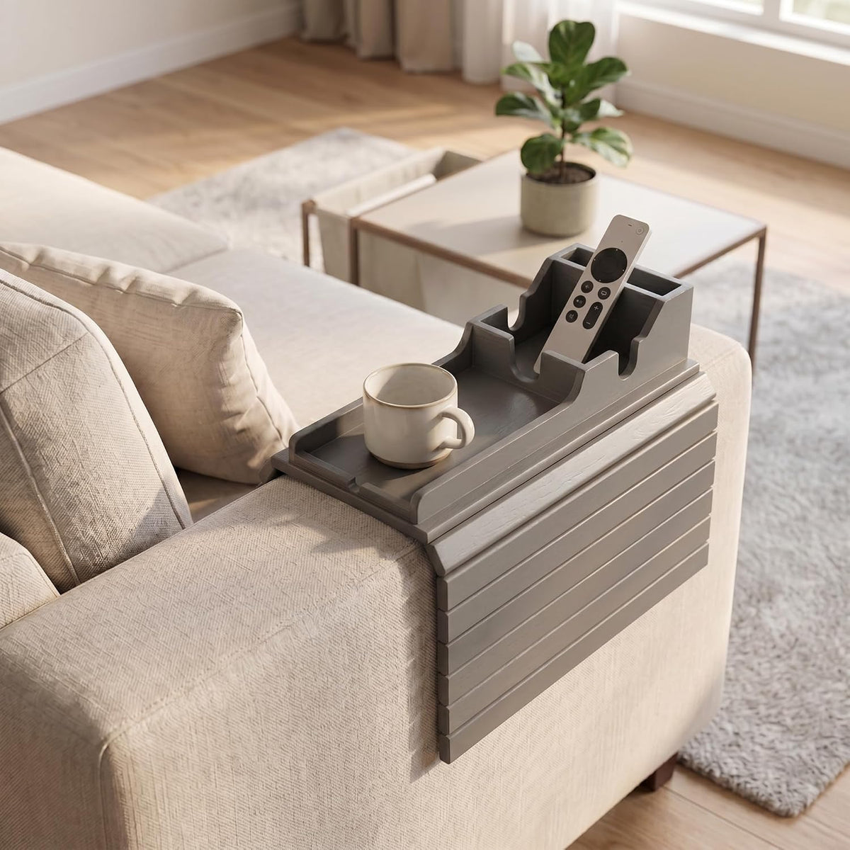 Grey Bamboo Couch Armrest Table, Over the Couch Arm Tray with Removable Couch Cup Holder, 2 in 1 Design Foldable Armchair Couch Caddy and Sofa Drink Cup Holder for Home Essentials Decor Hack - Image 6