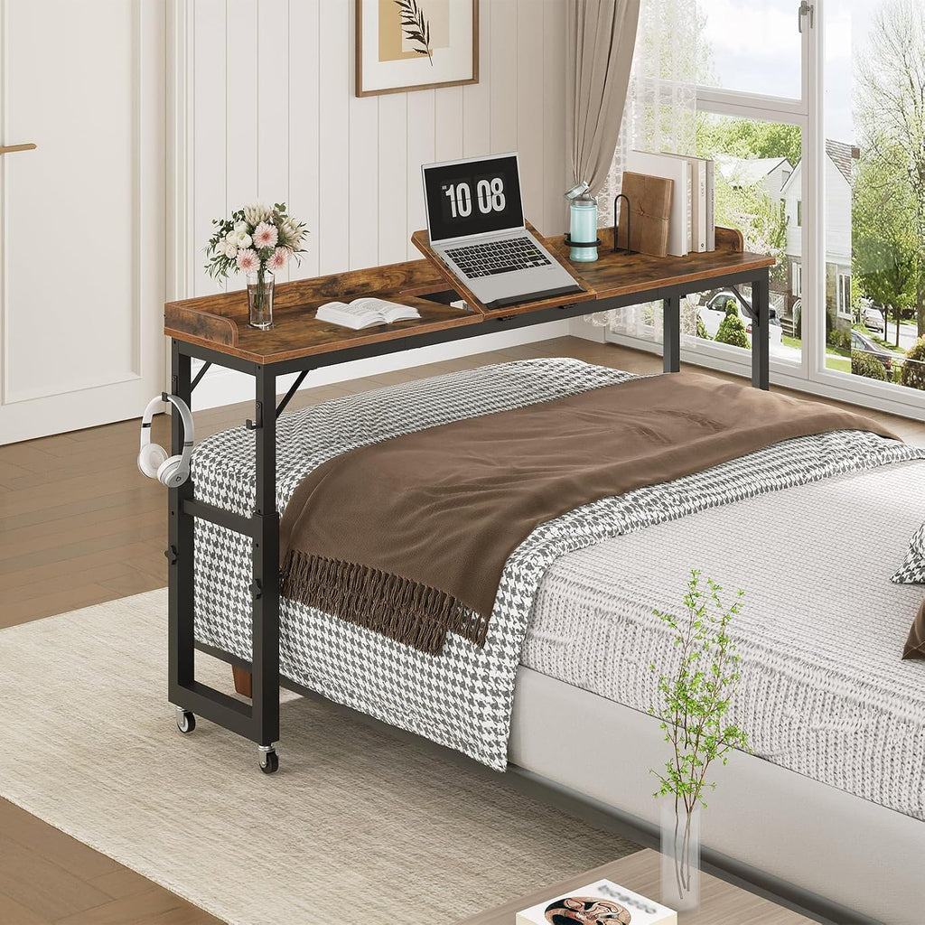 MAHANCRIS Overbed Table with Wheels, Mobile Bed Desk for Queen Size, Rustic by MAHANCRIS