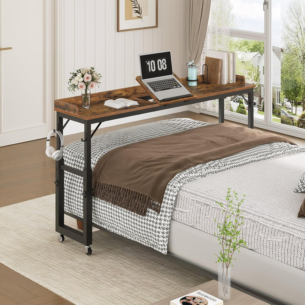 MAHANCRIS Overbed Table with Wheels, Mobile Bed Desk for Queen Size, Rustic by MAHANCRIS