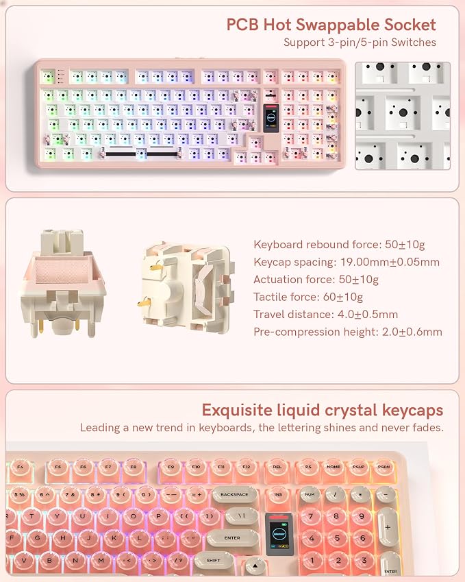 Keymatic Foundation Mechanical Keyboard,98% Pink Creamy Keyboard Gaming Keyboard,3 Mode with Multimedia Screen,RGB Backlit,Jelly MOA Profile keycaps for Win/Mac,Pink - Image 8