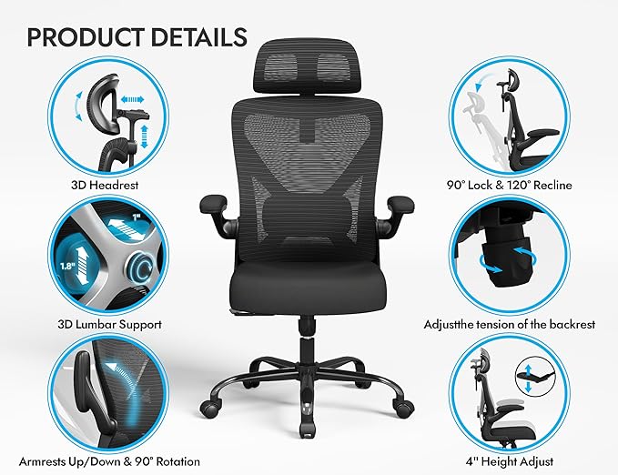 Ergonomic Office Chair: Mesh Desk Chair Comfy with Headrest& Lumbar Support | Ergalithic Big and Tall Office Chairs with Wheels & Flip-Up Arms-Computer Gaming Chairs for Adults (Black-Pack of 4) - Image 6
