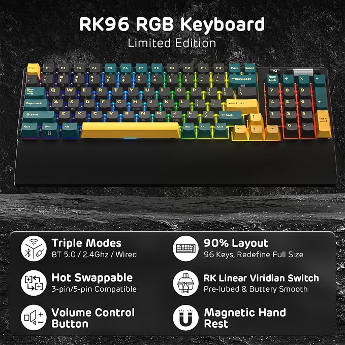 RK ROYAL KLUDGE RK96 RGB Wireless Mechanical Gaming Keyboard w/Wrist Rest | 90% 96 Keys Hot Swappable Mechanical Keyboard, 3-Mode BT5.0/2.4G/USB-C, Volume Control, Software Support & Massive Battery - Image 2